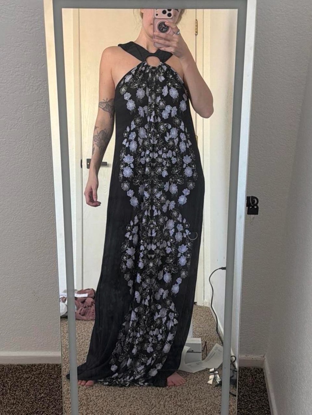 Black Maxi Dress with Lavender Floral Panel